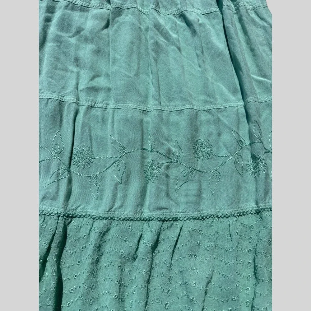 Serengeti Tiered Embroidered Midi Skirt Aqua Mint Boho Elastic Waist Rayon M